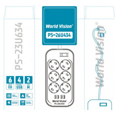 World-Vision PS-26U434 6 розеток 4 usb 2 метра чорний Фільтр мережевий