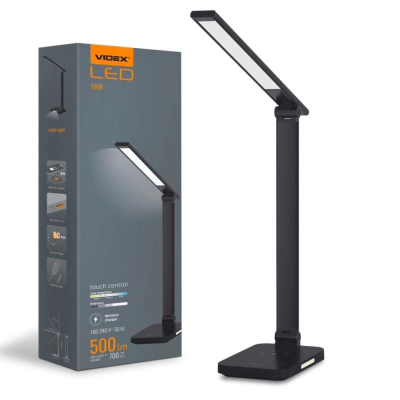 LED лампа настільна з бездротовою зарядкою VIDEX VL-TF17B 18W 1800-6500K