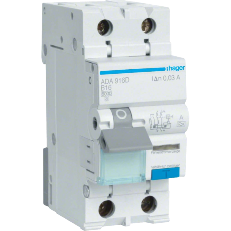 Дифавтомат 1P+N, 6kA, B-16A, 30mA, A Hager ADA916D