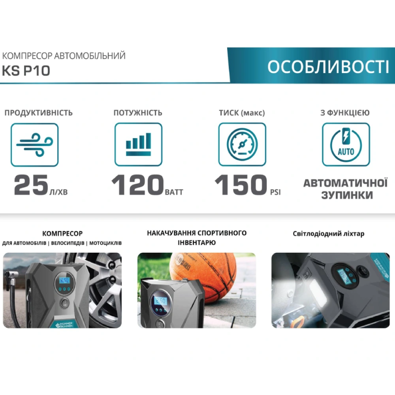 Компресор автомобільний 12В, 120Вт, 150psi, 25л/хв, 0.8кг